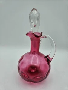 Vintage Cranberry Cruet / Decanter, Fenton? 7" Tall Inverted Thumbprint Crack - Picture 1 of 6