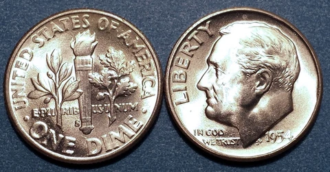 1954S Roosevelt Dime Brilliant Uncirculated from an original BU roll Cover