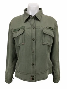 Chico’s 2 Women’s Size L Military Green Silk Linen Jacket Top Long Sleeve - Picture 1 of 6