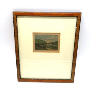 Antike Gravur mehrfarbig Flusslandschaft Berge Passepartout gerahmt - Bild 1 von 9