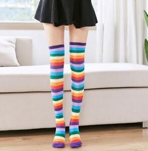 Women Over Knee Socks Rainbow Striped High Thigh Long Stocking Sock Elastic Fall