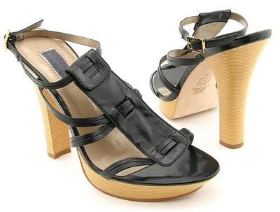 全新 JLO 女式皮革黑色高跟鞋露跟踝带凉鞋 尺码 7 M — 第 1/2 张图片