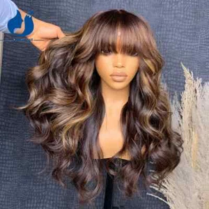 Blonde Highlights Human Hair Wig With Bangs Body Wave Scalp Top None Lace Wig - Picture 1 of 10