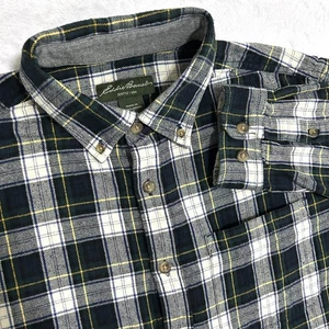 Eddie Bauer Button Down Flannel Men's L Green Yellow Plaid Thick Cotton Outdoors - Picture 1 of 13