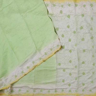 Vintage Light Lime Green to Lemon Yellow Ombre Sarees Silk Sequins Floral Sari - Image 1 of 4