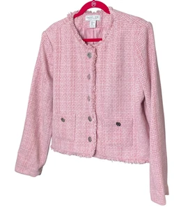Rachel Zoe XL Pink White Chenille Tweed Fringe Trim Coco Chic Crop Blazer Jacket - Picture 1 of 5