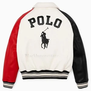 Polo Ralph Lauren Bomberjacke Varsity Leder dreifarbig mit gesticktem Logo - Bild 1 von 3