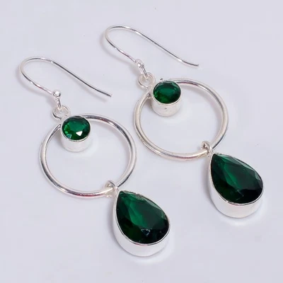 Pendientes étnicos hechos a mano de plata de ley 925 con piedras preciosas de diopsido de cromo 2,2" h941 Foto 1 de 4