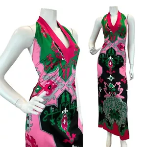 VTG 1970S HALTER SUMMER SUN GEOMETRIC PSYCHEDELIC MAXI DRESS PINK GREEN BLACK 10 - Picture 1 of 9