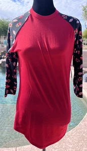 Lularoe XS Red RANDY T SHIRT FLORAL Black Sleeves-NWT* - Picture 1 of 10