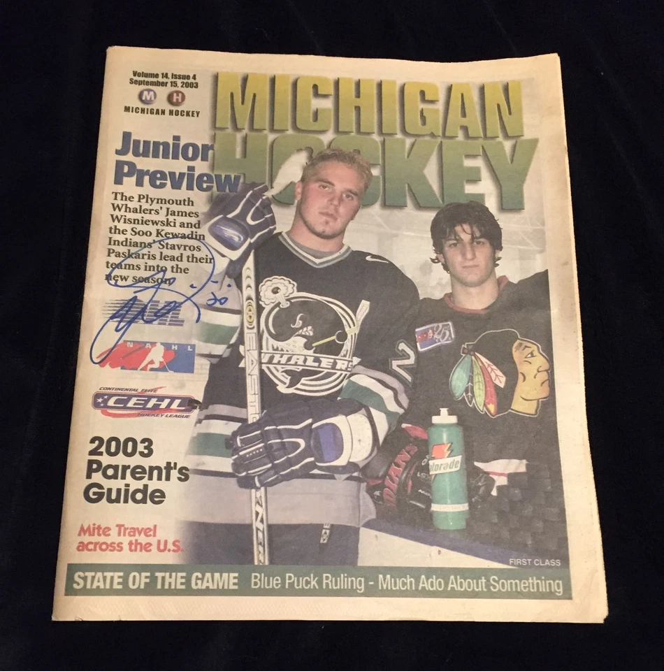 Chaquetas azules firmadas por James Wisniewski revista de hockey de Michigan Plymouth Whalers Foto 1 de 1