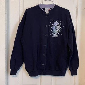 Morning Sun Petite Large Button Front Sweater Cardigan Navy Purple made USA/VTG - Picture 1 of 7