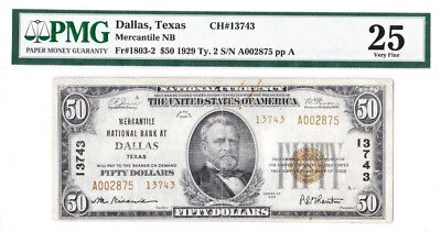 $50 1929 T2 National DALLAS Texas TX 🇺🇸 VERY FINE 🇺🇸 No tears No pinholes - Image 1 of 2