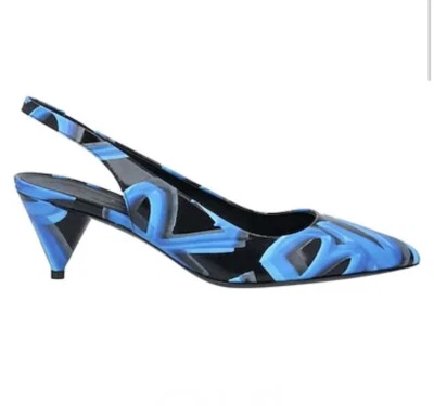 BURBERRY Negro y Azul Graffitti Logo Patrón Gatito Tacón Eslinga Foto 1 de 4