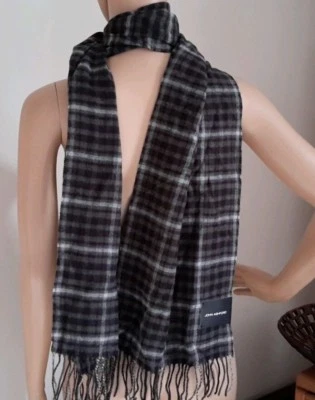 Mens John Ashford Scarf Grey Black Plaid with Fringe - Image 1 of 3