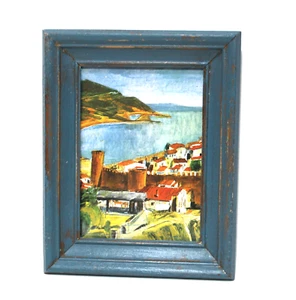 Cornice portafoto vintage in legno dipinta blu acqua con stampa costiera - Foto 1 di 6