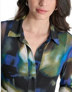 Camisa de malla con cuello abotonado estampado abstracto DKNY, 1x. MRSP: 79 $ - Imagen 1 de 3