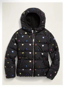 Old Navy Rainbow Hearts Frost Free Hooded Full Zip Up Puffer Jacket Size M 8 - Picture 1 of 6