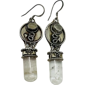 Natural Moonstone Quartz 925 Sterling Silver Dangle Hook Earrings - Picture 1 of 7