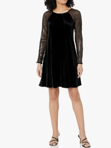 Maison Tara Women's Velvet Fit and Flare Dress with Mesh Sleeve Black 16W - Picture 1 of 2