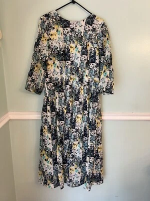 Vestido ESHAKTI 1X 18 Midi Geométrico Manga Larga Plisado Algodón Azul Amarillo Alto Foto 1 de 4