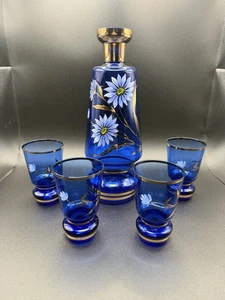 Vtg Bohemia Czech Blue Glass Decanter Set 4 Glasses Hand Painted GOLD - Picture 1 of 13