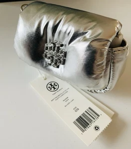 NWT TORY BURCH BRITTEN  PUFFY CARD CASE SILVER - Picture 1 of 8