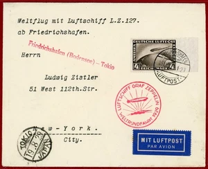 Germany 1929, 4m on Cover, Graf Zeppelin Flight, Fried. to New York, Via Tokyo - Picture 1 of 2
