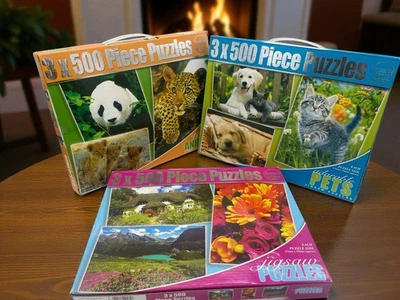 9 Jigsaw Puzzles 3 x 500 Piece Puzzles per Carry Box  Animals Cats Dogs Floral - Image 1 of 4