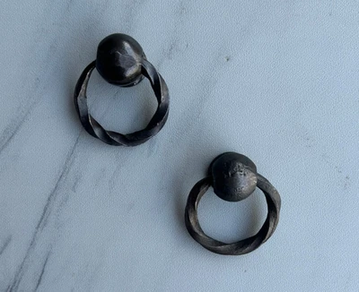 Vintage Old Style Iron Cabinet Drawer Door Ornate Ring Knob Handle Pull 2pcs - Image 1 of 4