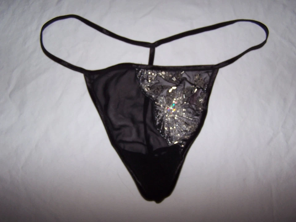 Bragas negras con tanga, transparentes, cuentas de vidrio 100 % - talla M Foto 1 de 2
