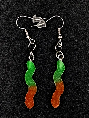 Green and Orange Gummy Worm Earrings With Rubber Backs Handmade - Image 1 of 2
