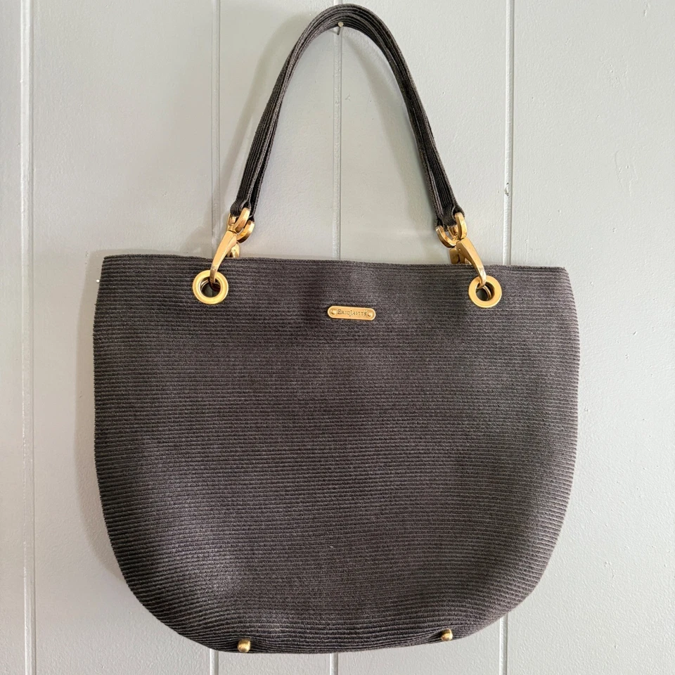 Eric Javits Woven Tote Bag Shoulder Bag Gold Hardware Neutral Vintage Gingham - Image 1 of 4