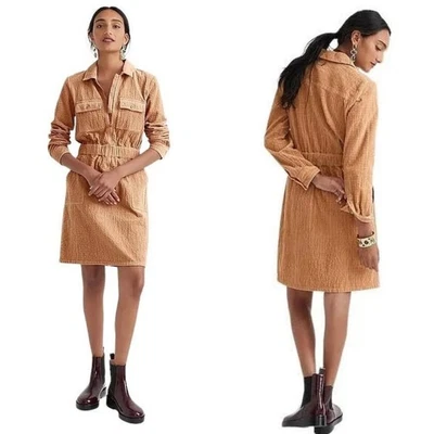 Vestido para mujer J.CREW 8 marrón pana cremallera frontal cintura ceñida manga larga BK860 Foto 1 de 4