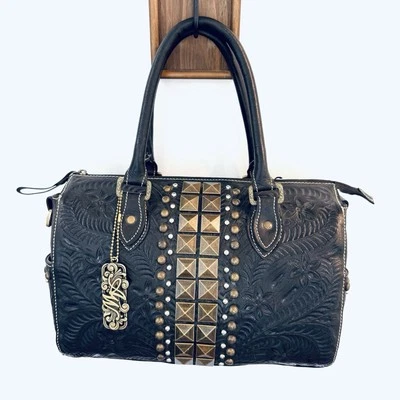 American West Satchel Black Tooled Leather Studded Doctor Bag - Image 1 of 4