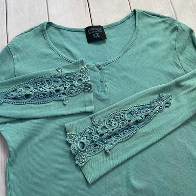Rare Y2K Studded Eyelet Long Sleeve Henley Top Women’s 2X Teal Grunge 2000s - Image 1 of 4