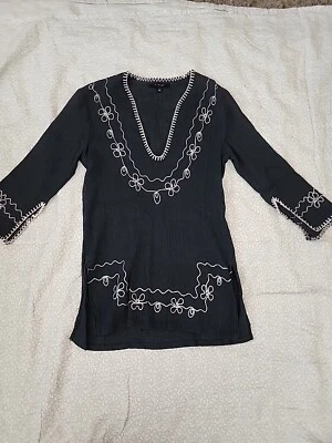 T-Bags Women's Size Medium Dark Blue Floral Design Flowy Shirt N6#147 — 第 1/4 张图片