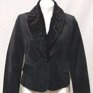 Valerie Stevens Suede Leather Blazer Coat PM Faux Fur Collar One Button Chic - Picture 1 of 12