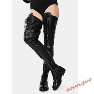 Women's Thigh High Boots Round Toe Lace Up Over The Knee Clubwear Gothic Shoes - Picture 1 of 6