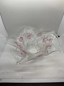Heavy Clear Bowl with Pink Flowers and swirls Mikasa Dogwood Flowers Clear Glass - Picture 1 of 12