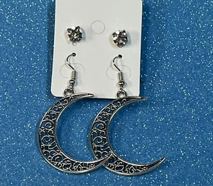 Antiqued Silver Half Moon Dangle Hoop Earrings & Cubic Zirconia Stud Earring Set - Picture 1 of 3