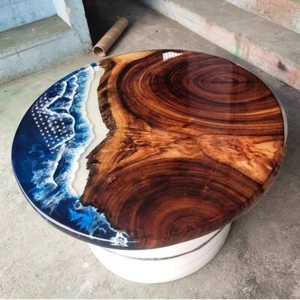 Round Blue Epoxy Resin Tabletop | Ocean Wave Design | Handmade Coastal Furniture - Picture 1 of 3