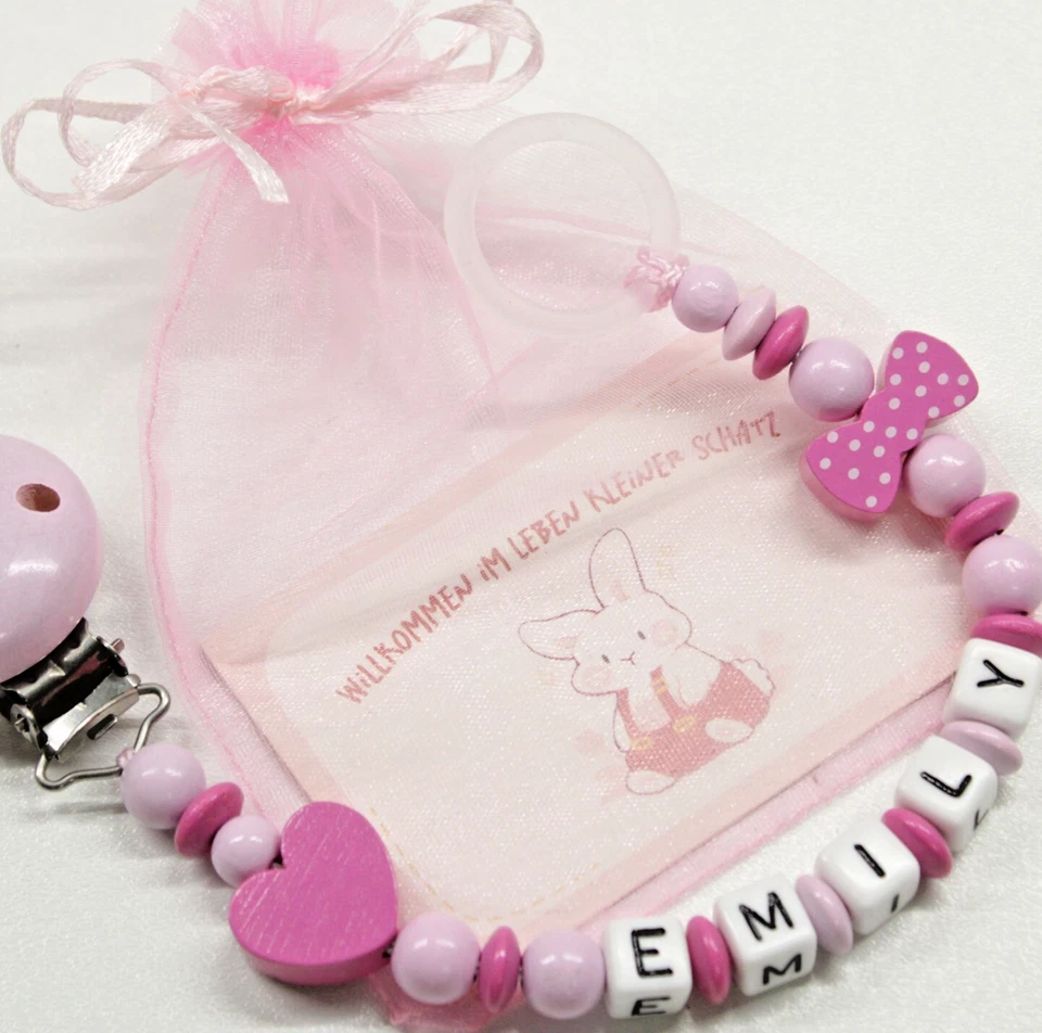 Schnullerkette mit Namen Mädchen ♥ Herz ♥ Rosa Pink ♥ Silikonring ♥ Nuckelkette - Bild 1 von 1