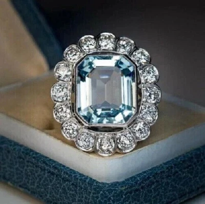 3Ct Emerald Cut Aquamarine Diamond Engagement Ring 14K White Gold Plated - Image 1 of 3
