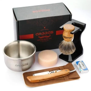 Spazzola da barba Badger, supporto, sapone da barba e ciotola, rasoio dritto con sacchetto, 10 pz... - Foto 1 di 8