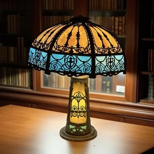 Art Deco Slag Glass Lamp Light Up Base Stain Glass 1915-1920’s Read WORKS - Picture 1 of 24