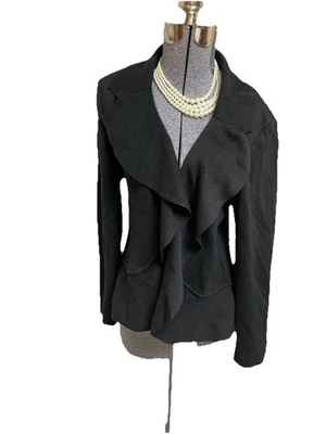St. John Caviar Jacket Size 14 Black Knit Open Front Waterfall Front Peplum EXEC - Image 1 of 4
