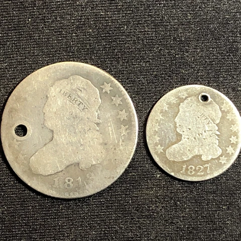 1818 CAPPED BUST QUARTER And 1827 Dime (2 Coins) Holed Early Silver W/history Cover