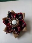 RED TARTAN BROOCH WITH BEIGE FABRIC BACK FLOWER. GOLD & WHITE CENTRE. 8cm 