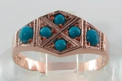 9K 9K ROSE PINK GOLD  PERSIAN TURQUOISE ART DECO CLUSTER RING FREE RESIZE  - Image 1 of 4
